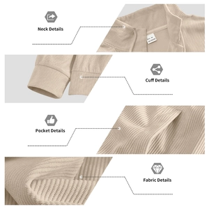 Detailansicht der beigen Kordjacke mit Kragen, Manschetten, Taschen und Rippstruktur