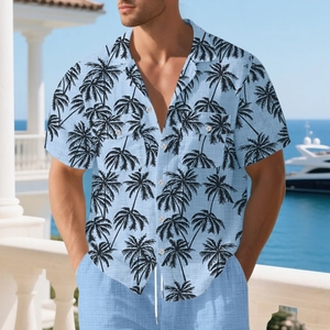 Detail of light blue linen-textured shirt with palm tree print for beach vacations