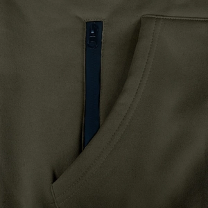 Detailed close-up of army green fleece hoodie with black zipper and reinforced stitching