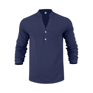 Dunkelblaues Herren Henley-Hemd aus Baumwoll-Leinen mit Stehkragen und weißen Knöpfen