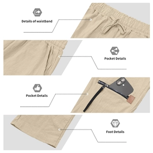 Detail of khaki linen pants featuring elastic drawstring waist and side cargo pockets