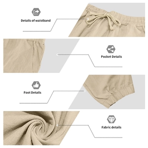 Detail view of khaki linen pants featuring elastic drawstring waist and cuffed ankles