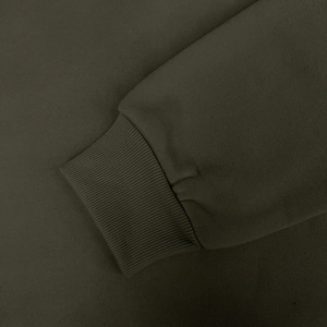 Close-up of military green ribbed cuffs and premium knitted texture on men's hoodie