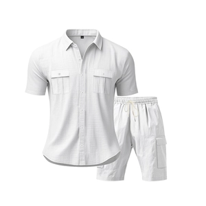 Herren Sommer Leinen Set in Weiß mit Kurzarmhemd und Cargo Shorts mit Tunnelzug