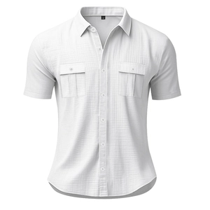 Close-up of white linen short sleeve shirt featuring front pockets and textured fabric