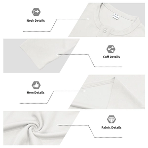 Détails d'un t-shirt blanc à manches longues Henley avec texture côtelée et boutons simples