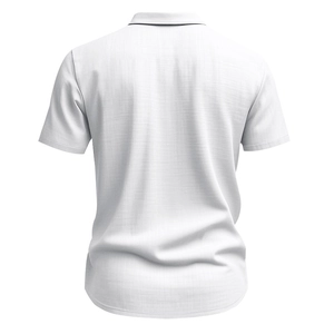 Rear view of white short-sleeved linen shirt showing textured fabric and collar detail