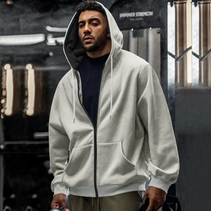 Detail view of the waterproof front zipper and drawstrings on the gray men hoodie