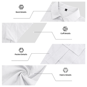 Detail view of white linen shirt showing neckline, cuffs, pockets and fabric texture