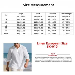 Detailed size chart for men's linen long sleeve polo shirt showing S to XXXL dimensions