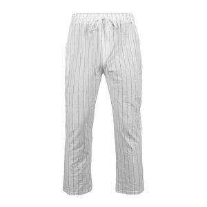 Detail of white striped men's trousers featuring an elastic waistband and drawstring