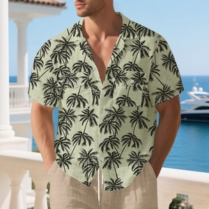 Detail of men's tropical palm tree print linen shirt with Cuban collar and dual chest pockets
