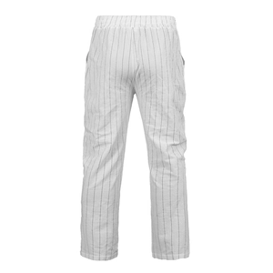 Rear view of white men's pinstripe pants showing elastic drawstring waist and straight cut