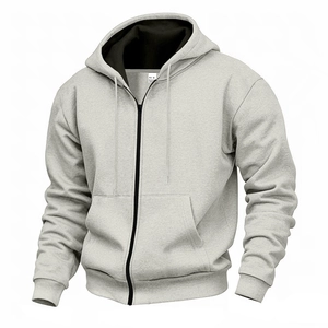 Detail view of light grey hoodie featuring contrast black lining and durable front zipper