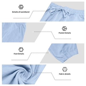 Detailed views of light blue linen trousers with drawstring waist, pockets, and ribbed cuffs