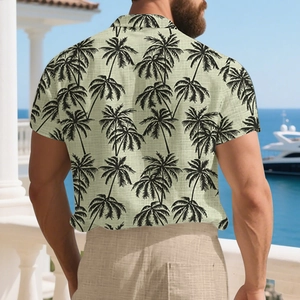 Rear view of a men's tropical palm print summer shirt featuring breathable linen texture