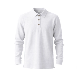 Detail view of white linen waffle texture polo shirt with wooden brown buttons and ribbed cuff