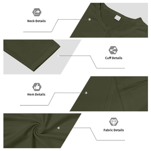 Détails d'un t-shirt Henley vert olive montrant le col à boutons, les poignets et la texture