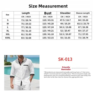 Size chart for men's linen patchwork shirt with detailed measurements from S to 3XL