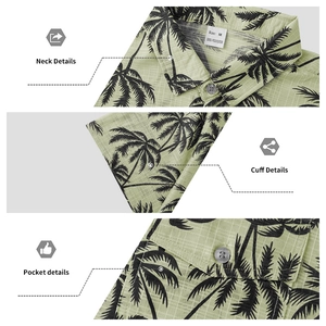 Detailed views of the classic collar, buttoned chest pocket and tropical palm leaf print