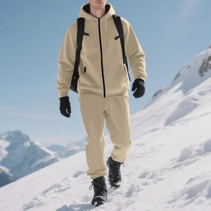 Men's khaki fleece tracksuit set with hoodie and joggers in a snowy mountain outdoor setting