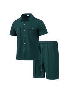 Detailed waffle texture on dark green men's summer shirt with lapel and button pocket
