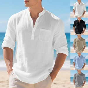 Men's loose linen Henley shirt with long sleeves and pocket, perfect for beach casual wear