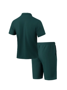 Rear view of dark green men's waffle knit polo shirt and elastic shorts set with texture