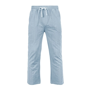 Detail of blue striped men's trousers featuring an elastic waist and white drawstring