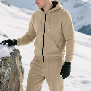 Men's thermal fleece hooded tracksuit set in beige brown color for outdoor snow activities