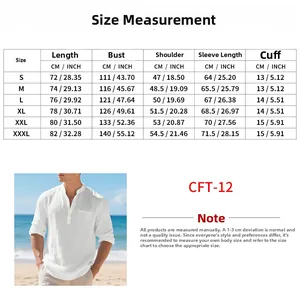 Detailed size chart for men's linen long sleeve Henley shirt with measurement guide