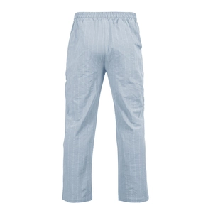 Detailed back view of men's vertical striped casual pants with elastic drawstring waist