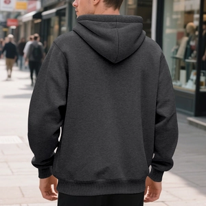 Rear view of deep charcoal grey hooded sweatshirt showing knit texture and loose fit style