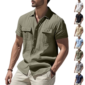 Summer Men Casual Linen Blend Short Sleeve Shirt Turn Down Collar Button Down Double Pocket Solid Breathable Beach Vacation Top