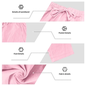 Detail of pink linen blend trousers showing drawstring waist, side pockets and fabric texture