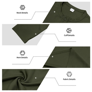 Détails du t-shirt Henley olive montrant le col boutonné, les poignets et le tissu gaufré
