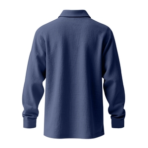 Detailed back view of navy blue long sleeve linen polo shirt with textured fabric