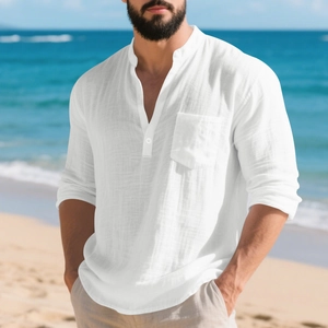 Detailed texture of white linen Henley shirt featuring a small stand collar and chest pocket