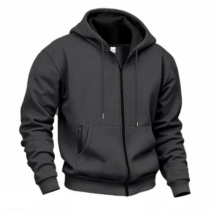 Detail of size M label and interior fleece lining of a men's grey zip-up hoodie