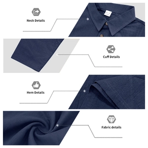 Detailed close-up of navy linen polo shirt collar, cuffs, hem and fabric texture