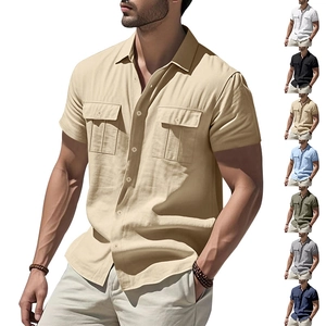 Men's casual linen short sleeve shirt with chest pockets and classic lapel collar