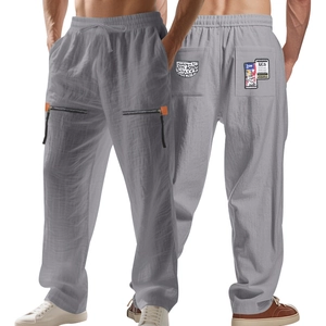 Grey men's casual linen pants featuring drawstring waist and decorative leg zippers