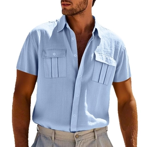 Light blue men's linen short sleeve shirt with chest pockets and classic lapel collar