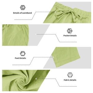 Detailed views of drawstring waistband, side pockets and linen fabric of green trousers