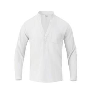 Detail of white linen Henry shirt featuring V-neck buttons and a chest pocket texture
