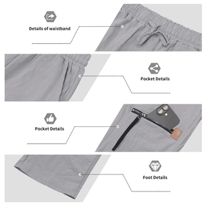 Detailed views of men's linen pants showing drawstring waist and zipper cargo pocket