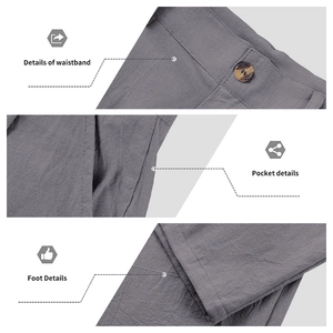 Détails du pantalon en lin pour homme montrant la taille, la poche et la texture du bas