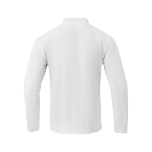 Detail view of the breathable white linen cotton fabric texture on a long sleeve shirt