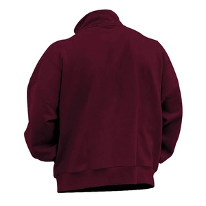 Rear view of deep red men's fleece sweatshirt featuring ribbed cuffs and a loose fit cut