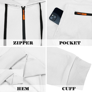 Detailed views of white fleece hoodie showing zipper, pocket, ribbed hem and cuffs